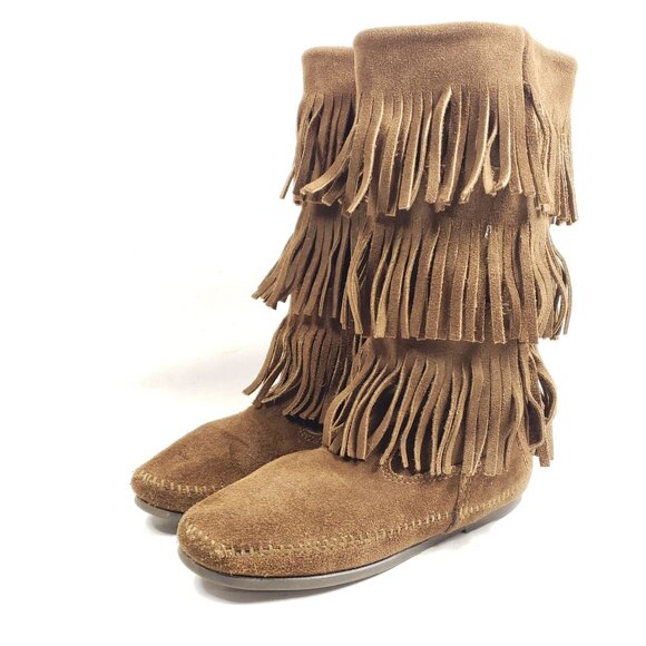 Minnetonka Womens Size 7 3-Layer Fringe Brown Suede Moccasin Boots - Picture 2 of 8